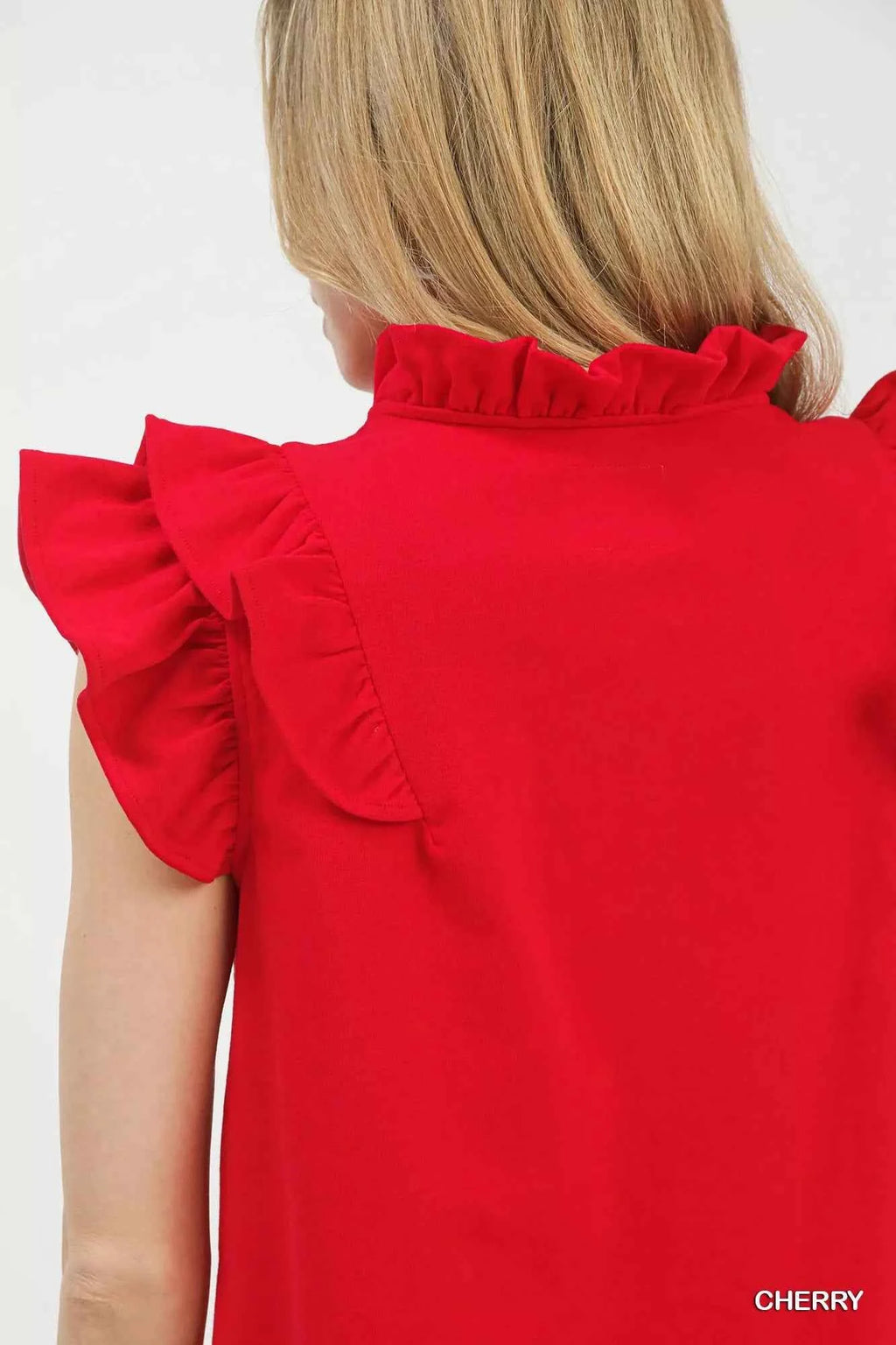 Umgee Blouse Ruffle Short Sleeve Cherry Red V-Neck Top 8280ab10-40d7-4ee9-8137-7a1b128b26ee-Max-Origin Trendsi