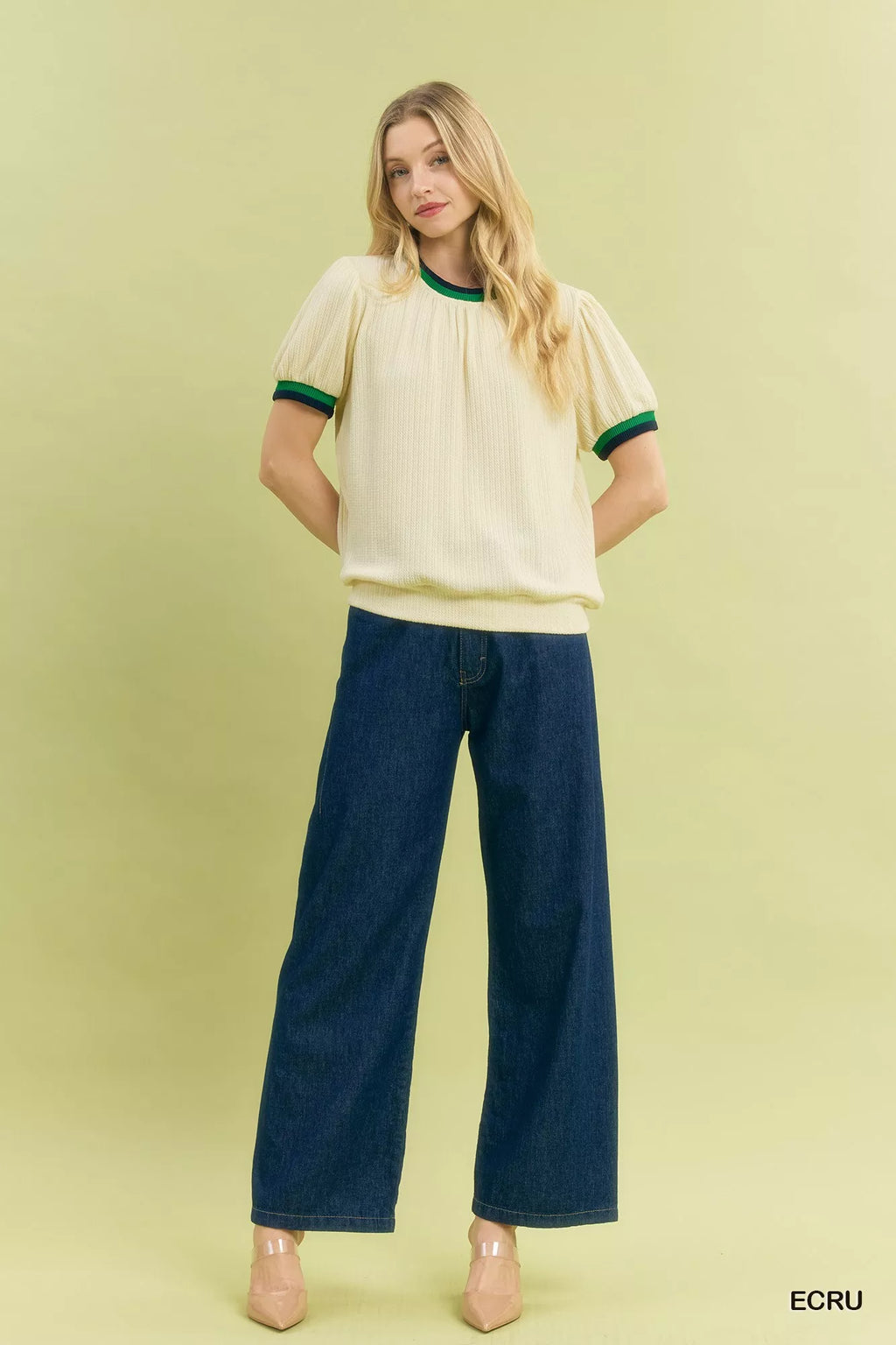 Umgee Womens Knit Top Ecru Puff Sleeve with Contrast Rib Trim Short Sleeve 828446e3-7103-4780-b01f-dd46fae213b4-Max-Origin Trendsi