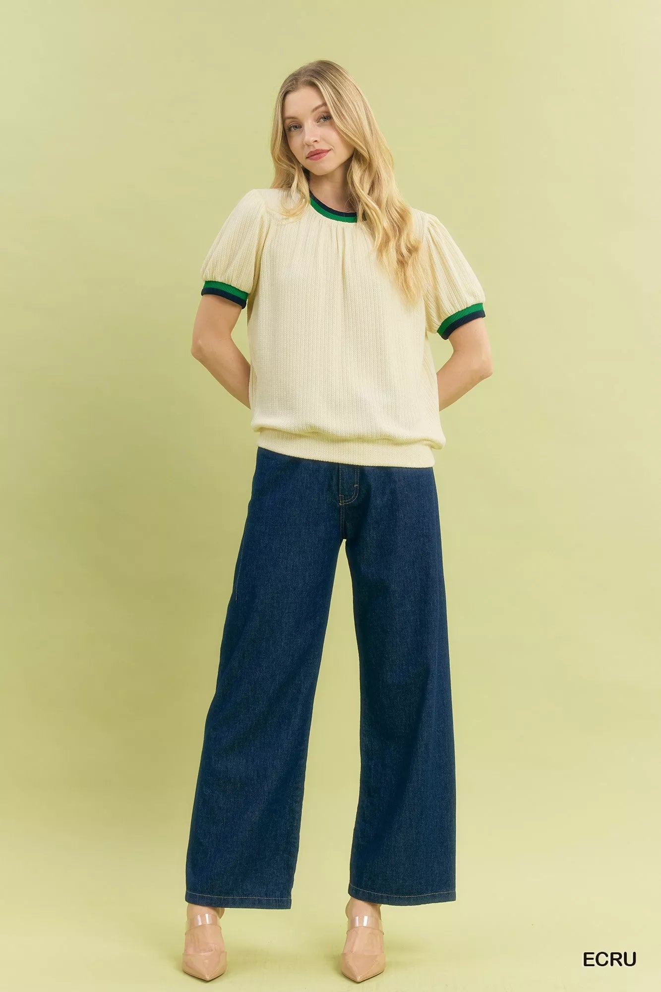 Umgee Womens Knit Top Ecru Puff Sleeve with Contrast Rib Trim Short Sleeve 828446e3-7103-4780-b01f-dd46fae213b4-Max-Origin Trendsi