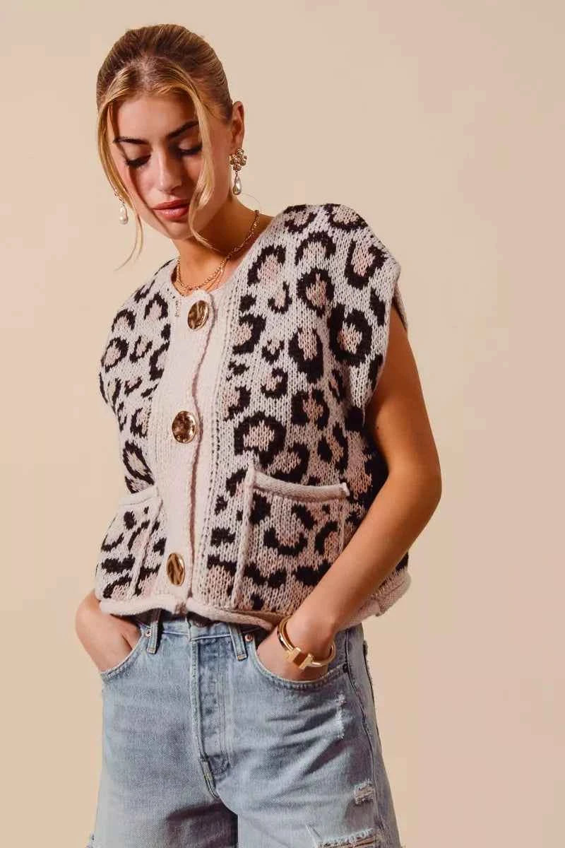 SO ME Big Metal Button Front Leopard Sweater Vest Top