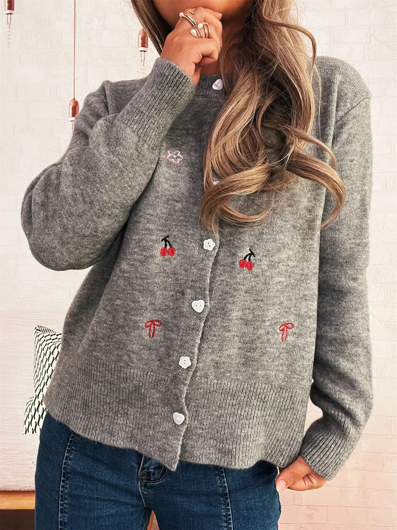 Women's Cardigan Ribbed Button-Front Knit Embroidered Long Sleeve 8295ff8619a740be9c3b8dba249f0a96-Max-Origin Trendsi