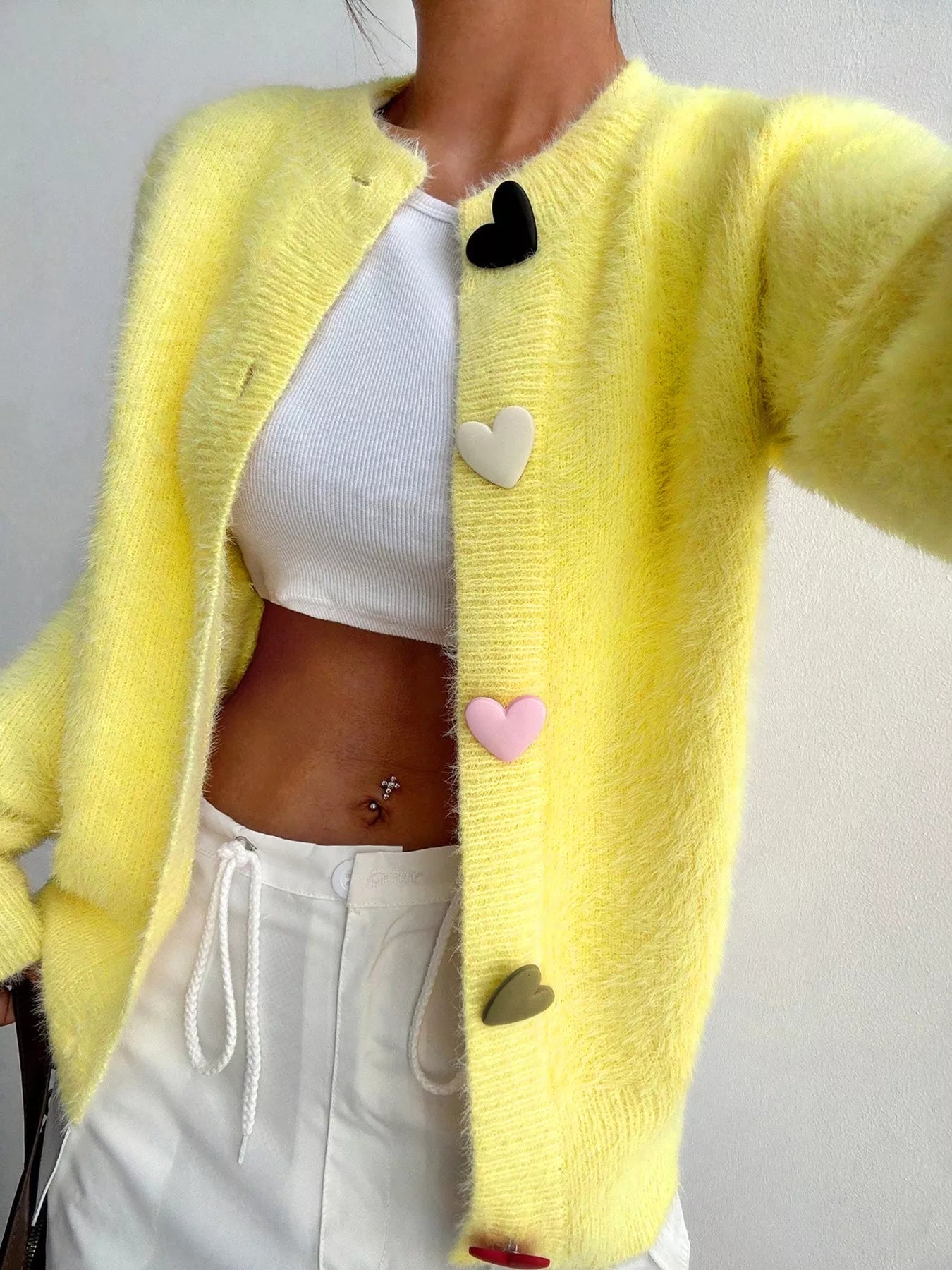 Women's Cardigan Yellow Soft Fuzzy Heart Button Long Sleeve 82971a56-ccc6-4d7a-84a7-c73a21b14a10-Max-Origin Trendsi