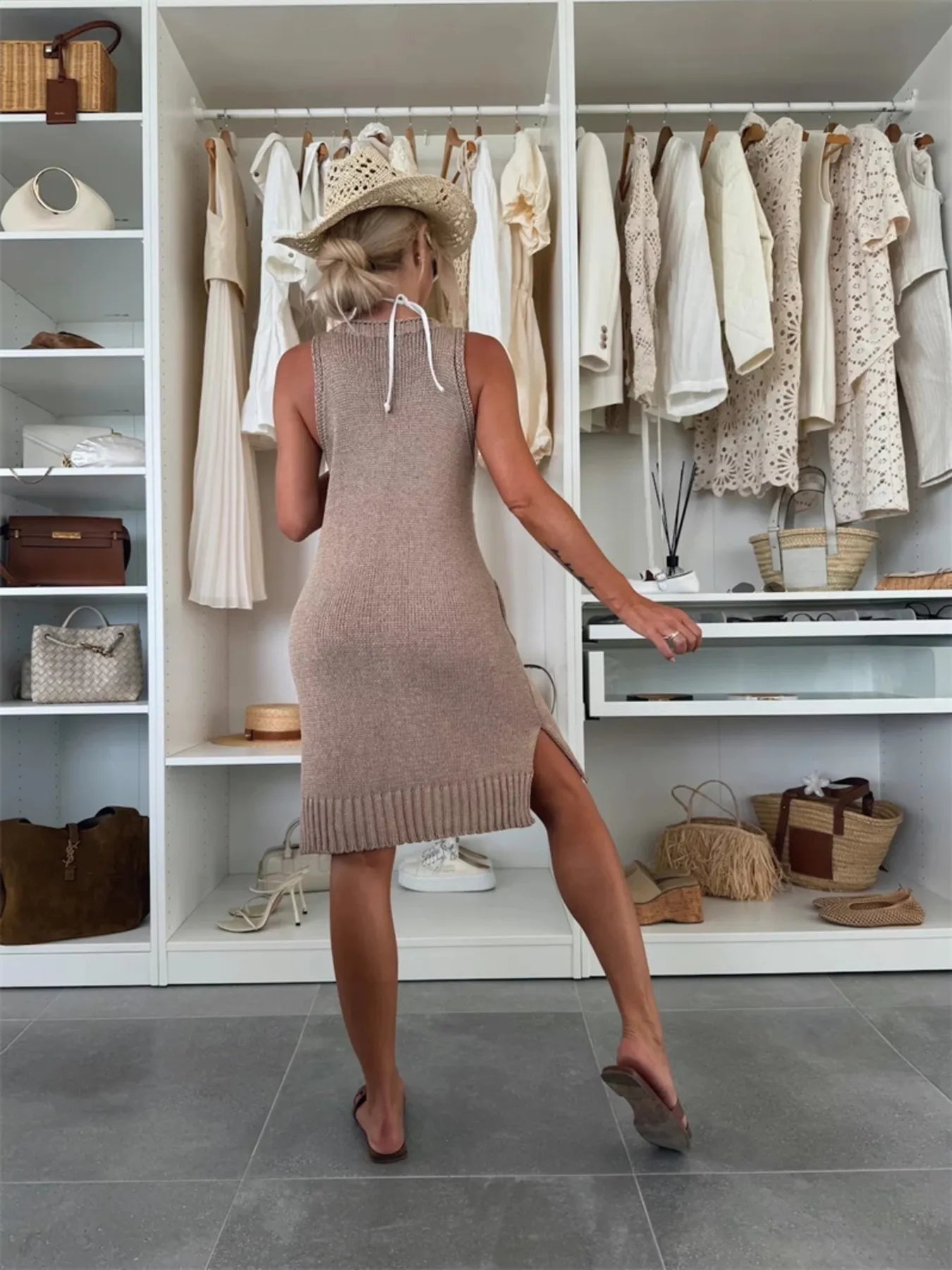 Midi Knit Dress Ribbed Hem V-Neck Sleeveless Lightweight Pocketed 82a3233260b648a89ea4197e4ee2210d-Max-Origin Trendsi