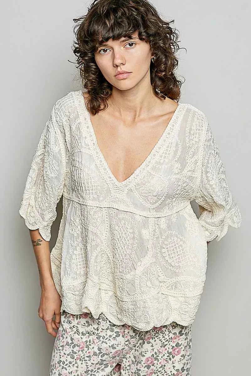 POL V-Neck Crochet Blouse with Scalloped Hem