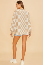 Women's Cardigan Annie Wear Checkered Open Front Tan Long Sleeve 82b84e83-a3e9-4bb9-9eb9-5a566508f982-Max Trendsi