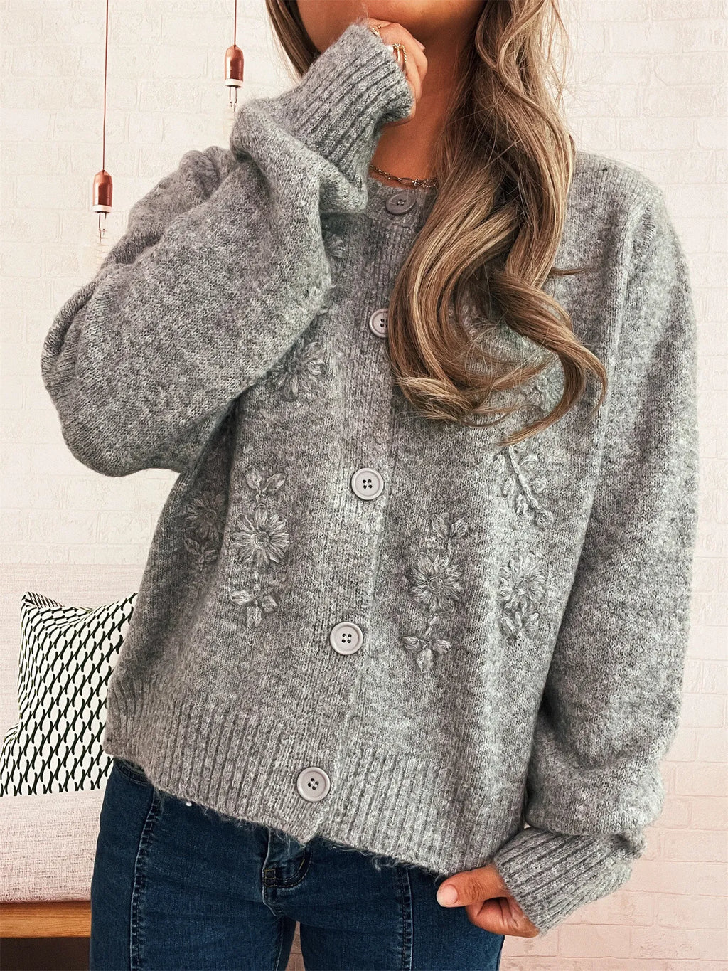 Women's Cardigan Flower Embroidered Button Up Ribbed Hem Round Neck 82ba991370184b0da1052230ac1eca15-Max-Origin Trendsi