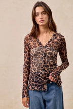 BiBi Women's Shirt Leopard Printed Mesh With Button Up V Neck Long Sleeve 82bb40cae81a4a5482200a09fd0b13d4-Max-Origin Trendsi