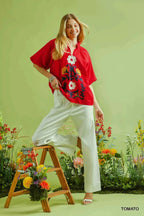Umgee Blouse Red Embroidered Boho Puff Short Sleeve Top 82bb8b8d-f582-442c-a178-796c574ca8aa-Max-Origin Trendsi