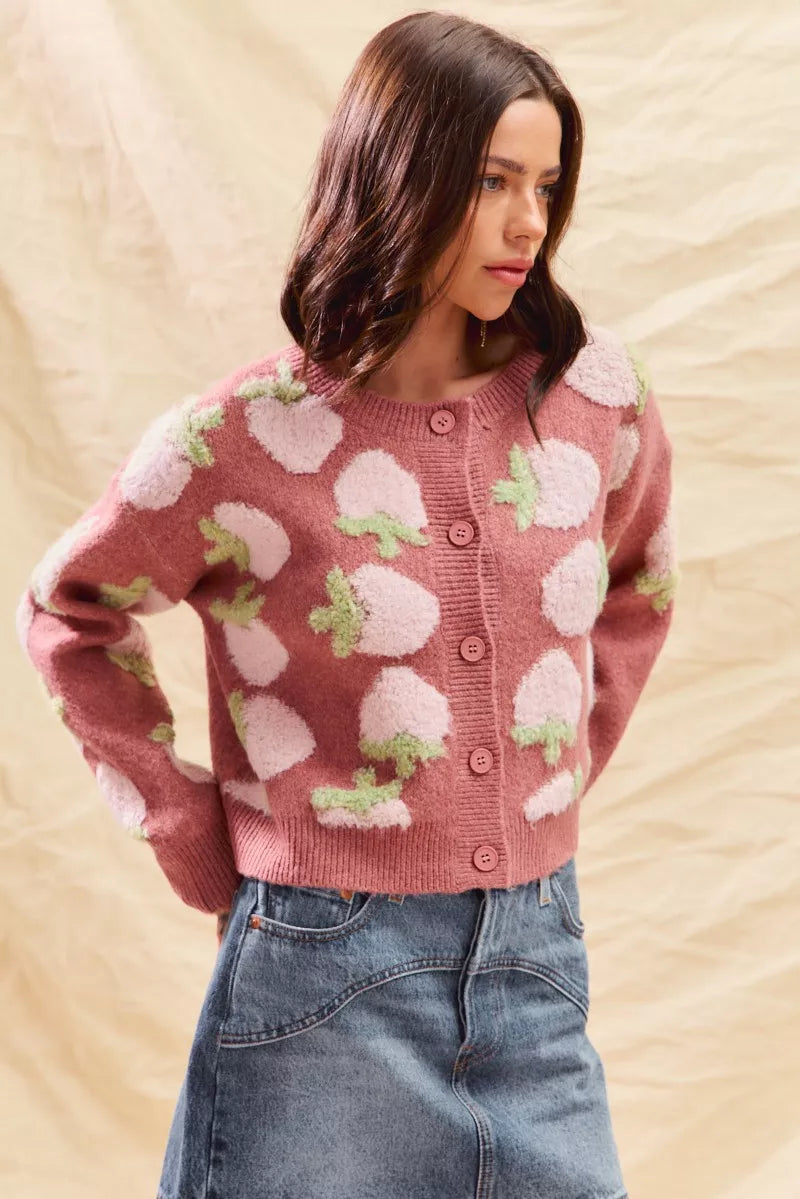 SO ME Womens Cardigan Strawberry Fruit All Over Button Sweater 82c37711ad204bc283f3a4356f318131-Max-Origin Trendsi