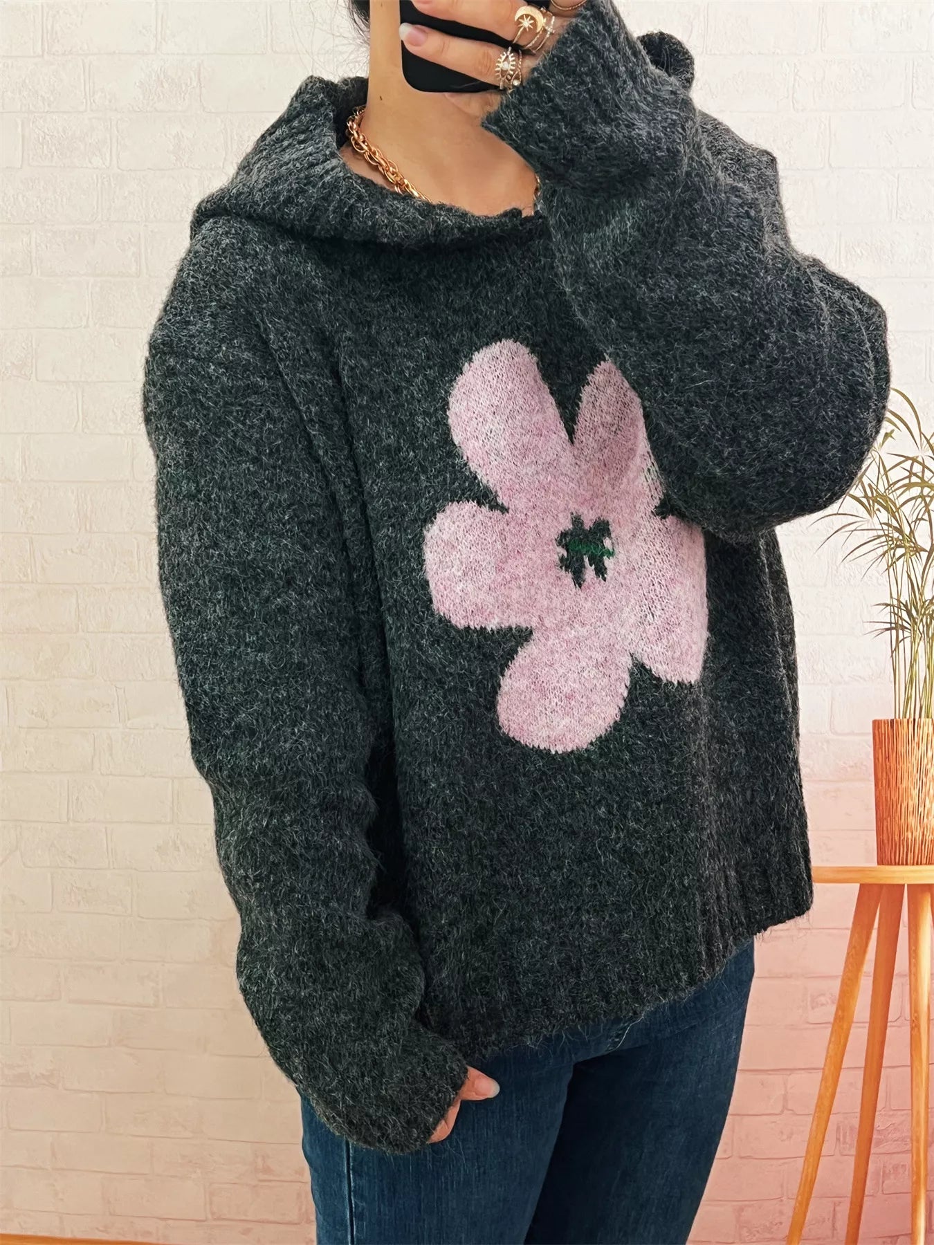Women's Sweater Flower Long Sleeve Hooded Knit Pullover 82c8753d55f14f378278967ba6662e81-Max-Origin Trendsi