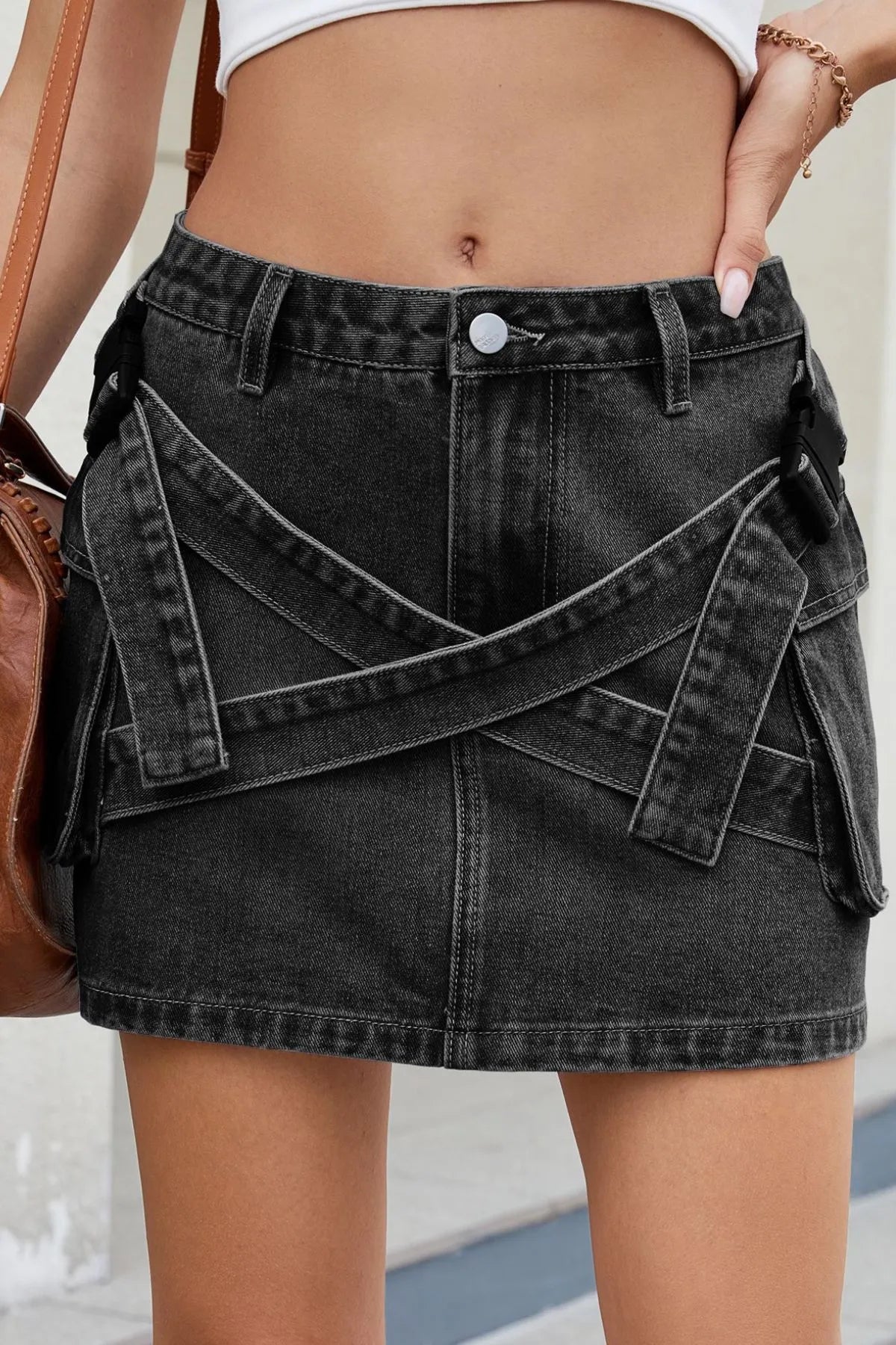 Denim Mini Skirt Criss-Cross Waist Detail with Crago Pockets Blue Black Black Gray 82cfe231-51d3-4f04-80aa-631caa93f28c-Max-Origin Trendsi