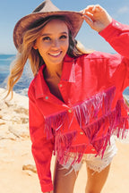 BiBi Jacket Rhinestone Fringe with Studed Collar Tasseled Fuchsia Pink 82d059662148432abd51e5ed21adadbc-Max-Origin Trendsi