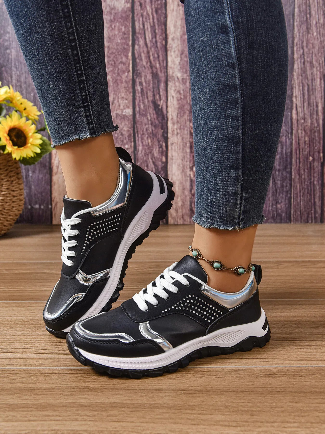 Women's Sneakers Pu Leather Rhinestone Lace Up Round Toe Low Heels Shoes 82d36e73b7414e09b3b92a95c1bfd9be-Max-Origin Trendsi