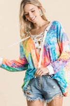 BiBi Tie Dye Womens Top Deep V-neck Blouse With Lace Up Front 82d3aaab10cf4b1ca1a86506ef3ab45a-Max-Origin Trendsi
