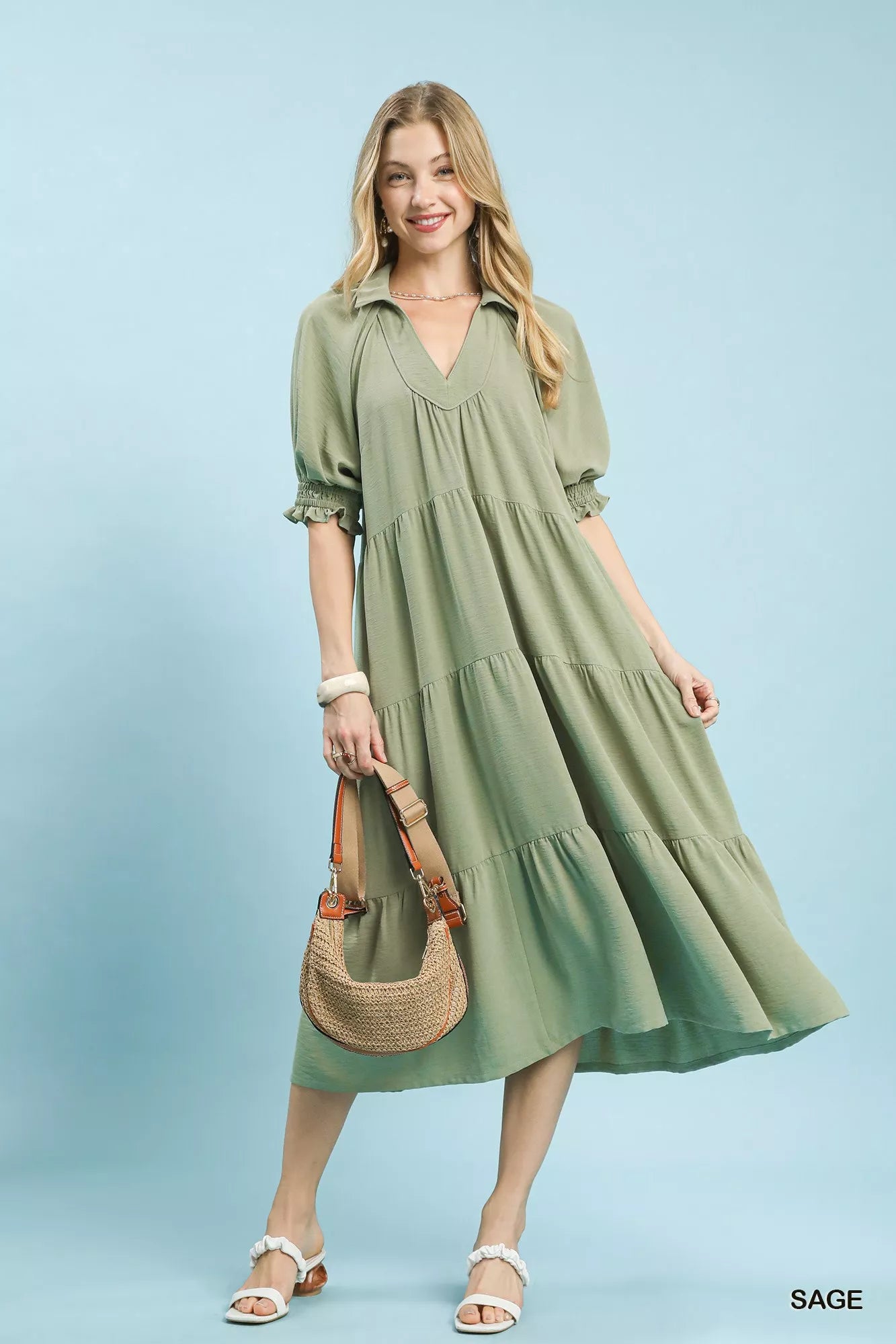 Umgee Midi Dress Tiered Solid Sage Green Ruffled Short Sleeve SAGE 82dad850-457a-4a57-bdd0-e0041879b850-Max-Origin Trendsi