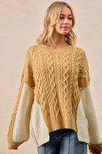 BiBi Womens Sweater Cable Knit With Hacci Combo Uneven Hem Detail 82e96dfcb3944b00962473397b4fd520-Max-Origin Trendsi
