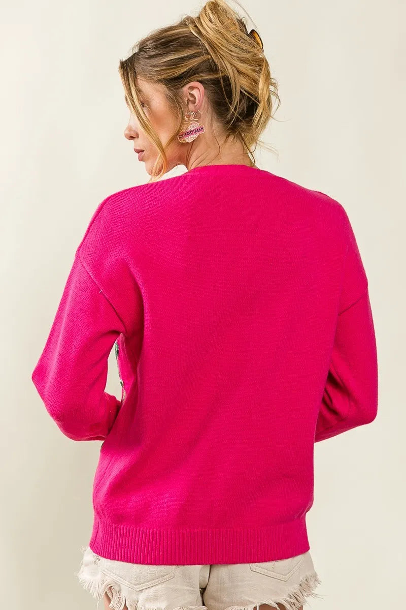 BiBi Cardigan Front Tiger Sequin Patch V-neck Fuchsia Pink Buttoned