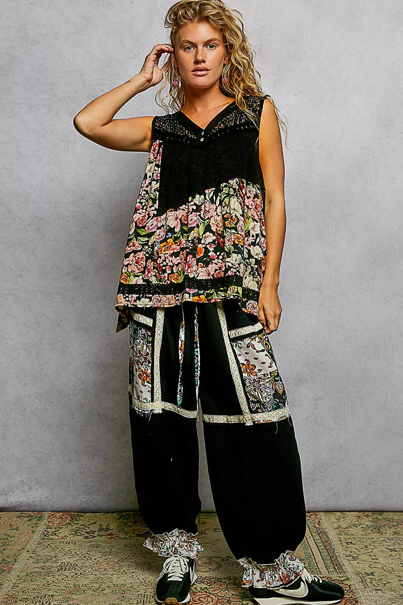 POL Tank Top Black Floral V-Neck Lace Detail Ruffle Sleeveless Blouse 82ee3117-8bbf-42ea-a21a-f2615775f0e4-Max-Origin Trendsi