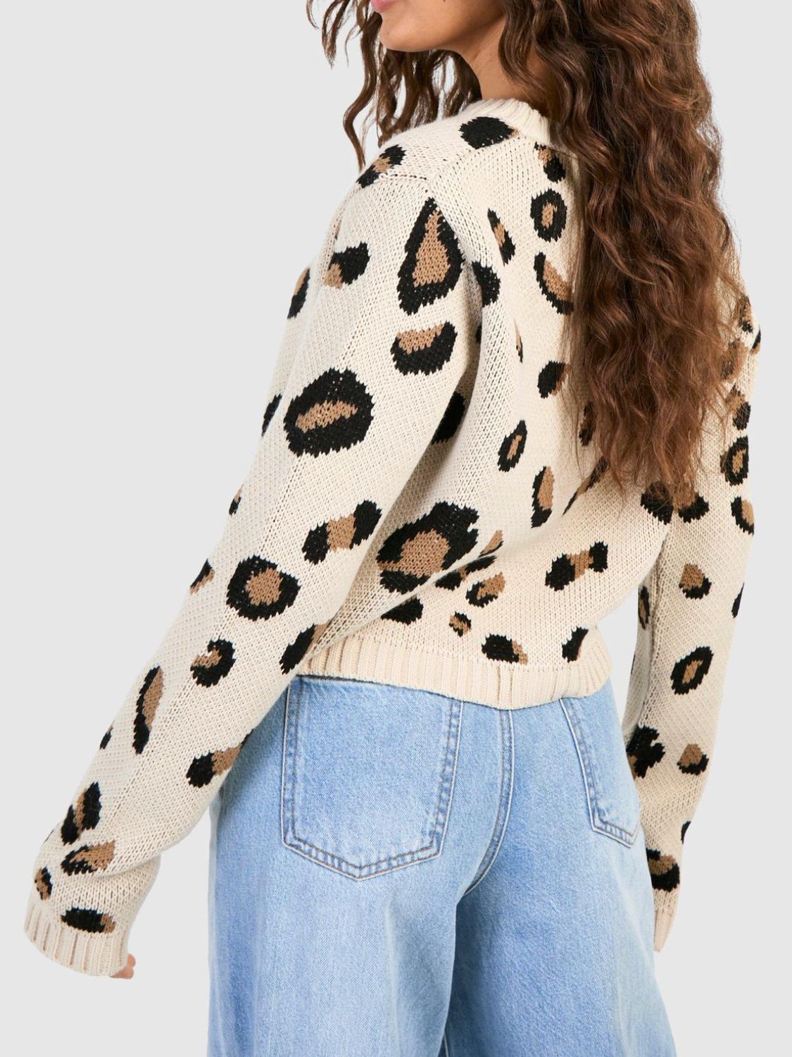 Leopard Cardigan Bow Tied Round Neck Long Sleeve Women Acrylic Sweater