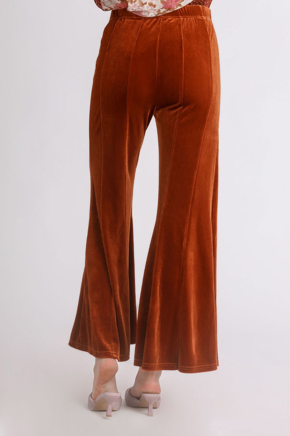 Umgee Flare Women Pants Velvet Terracotta High Rise Elastic Waist