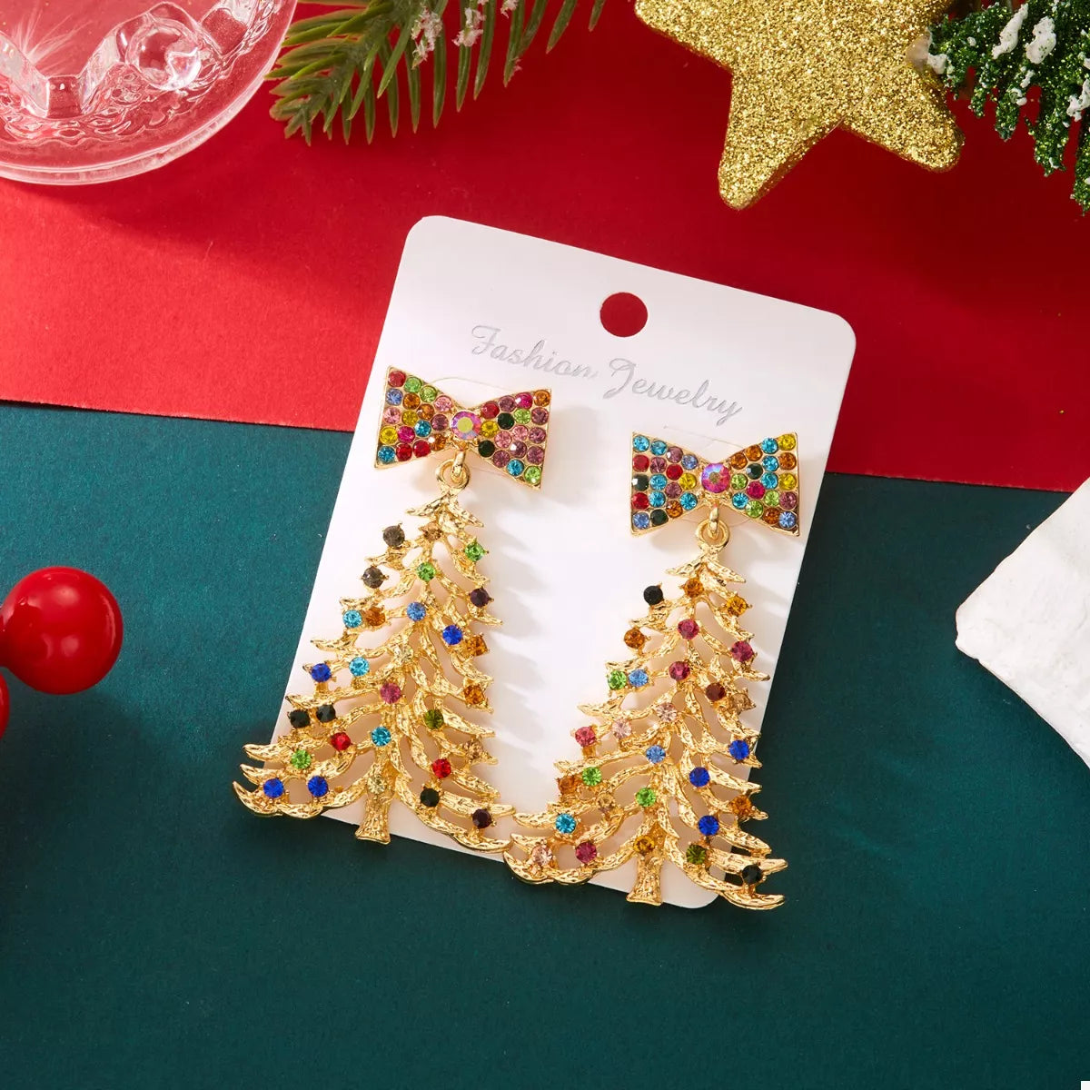 Christmas Drop Earrings Tree Bow 18K Gold-Plated Rhinestone Jewelry 8309cc3e-a835-469c-be5b-e1a26d15058a-Max-Origin Trendsi