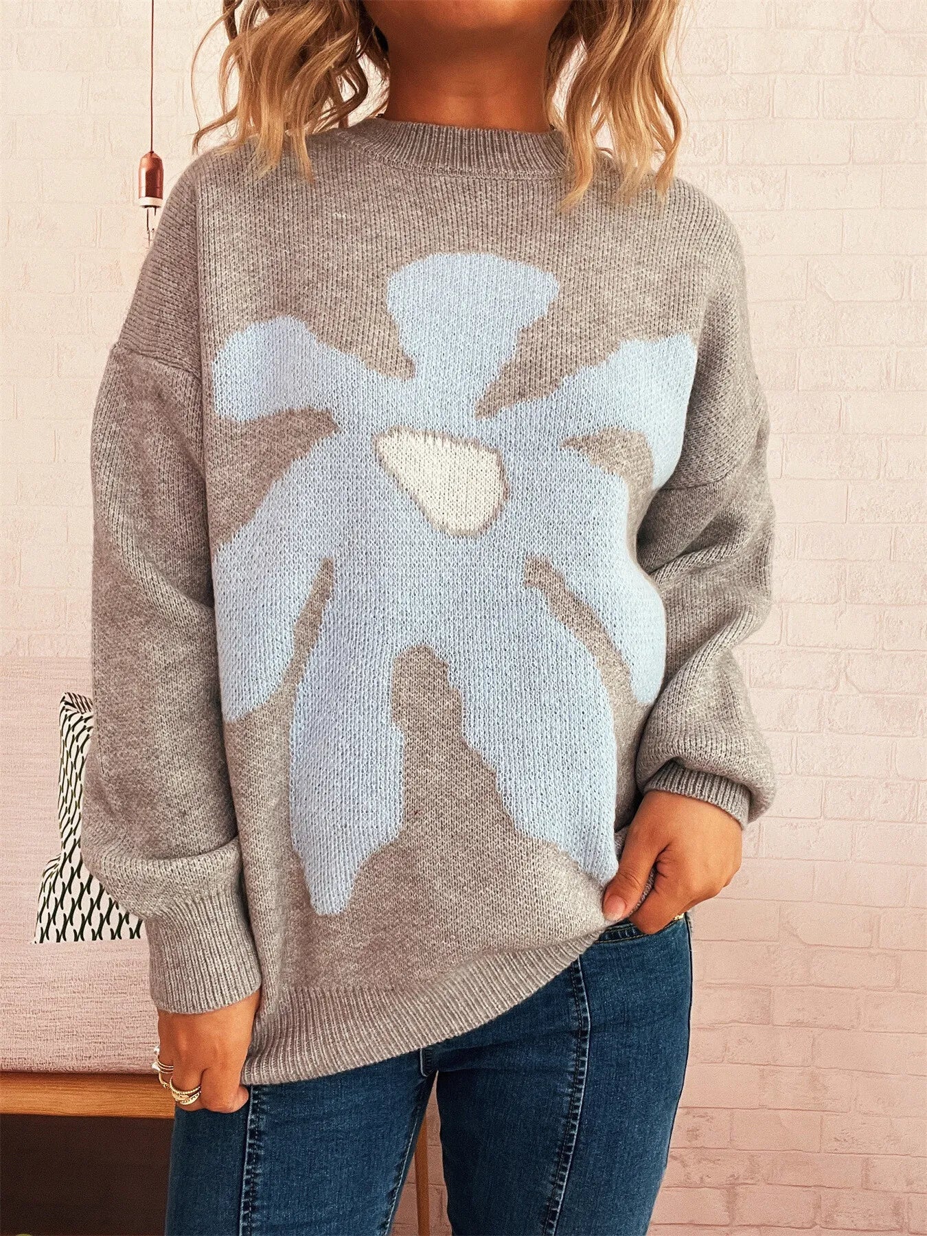 Women's Sweater Flower Dropped Shoulder Knit Long Sleeve Pullover 830ba2360a404d1b9de018d7ee693560-Max-Origin Trendsi