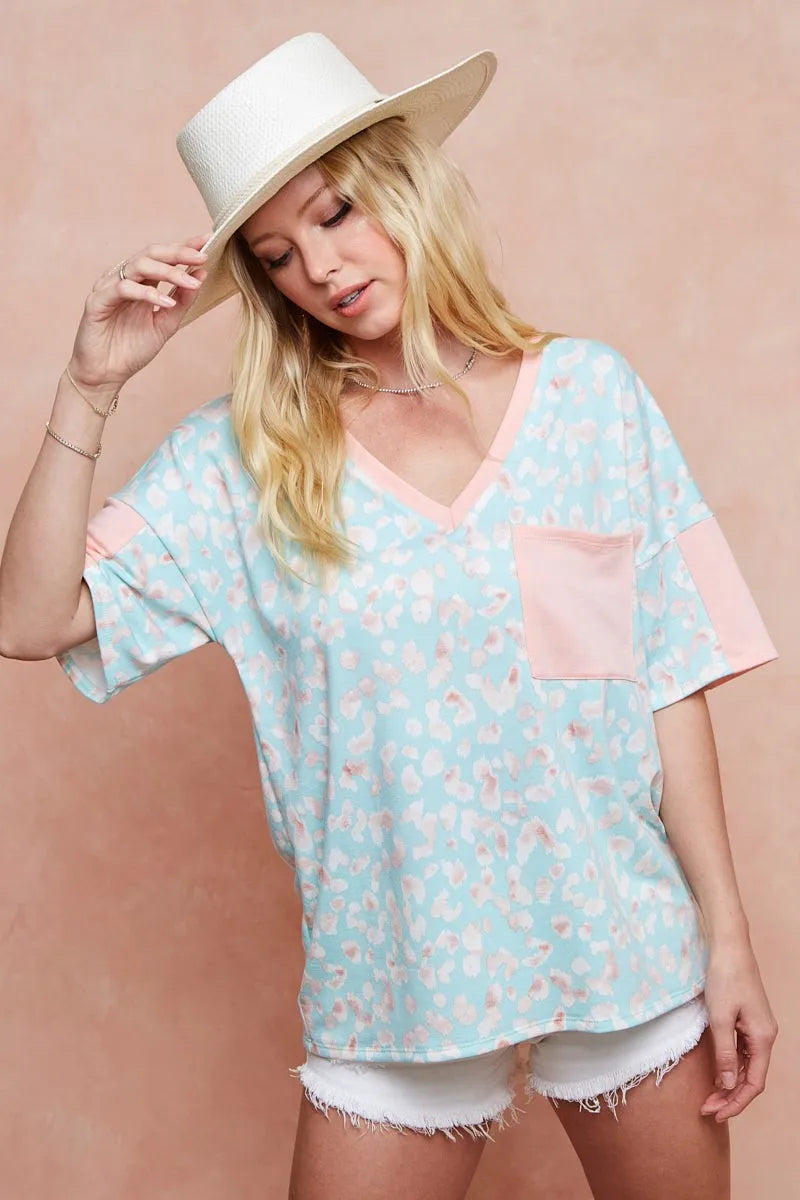 BiBi T-Shirt Mint Pink Multi Color Leopard Printed French Terry Pocketed Top 830dd2dffaa34b4d86183f984932cb35-Max-Origin Trendsi