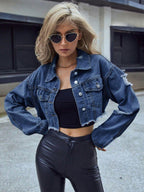 Denim Cropped Jacket Distressed Raw Hem Collared Neck Long Sleeve 830e9399-8f2c-4faf-bcba-edc3701880da-Max Trendsi