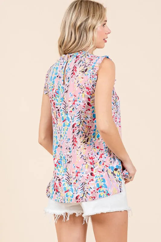 Lime 'N' Chili Top Floral Pink Graphic Print Ruffle Trim Mock Neck Sleeveless