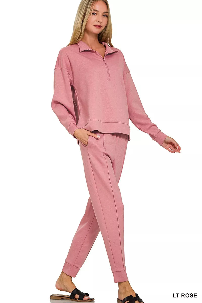 Zenana Jogger Set Light Rose Scuba Half Zip Pullover and Pants for Woman 8315a96350704c56ab26d41f7c0e43b5-Max-Origin Trendsi