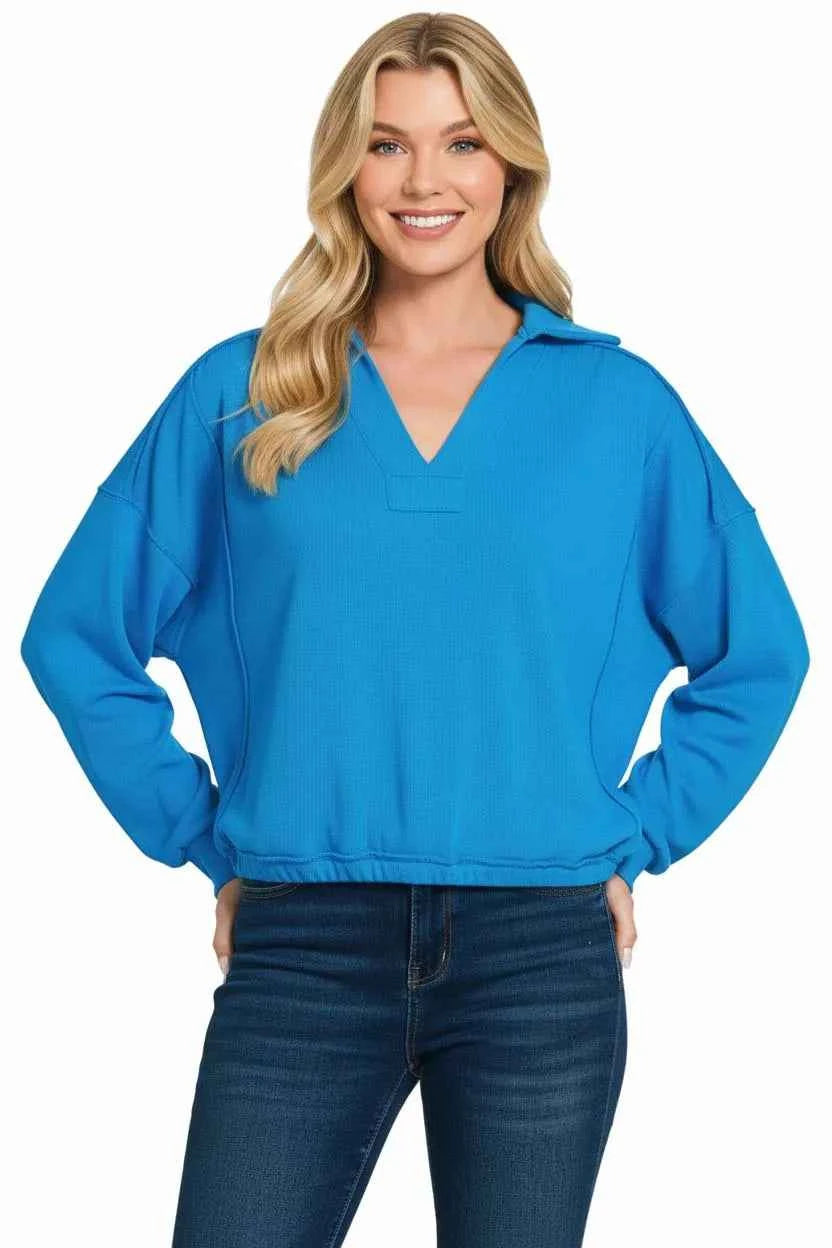 Zenana Women Sweatshirt Sky Blue French Terry Collared Exposed Seam Top 8319eae8-a41f-4e1e-bd93-11e778a5b2fd-Max-Origin Trendsi