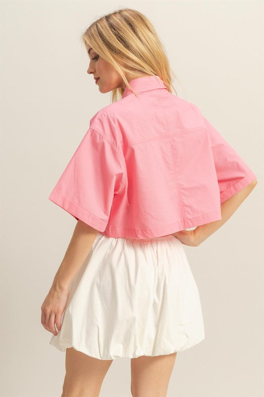 HYFVE Crop Shirt Pink Front Pockets Poplin Collared Neck Short Sleeve 831d56c5-b5ff-4bb9-8b14-21b0627d5fd0-Max Trendsi