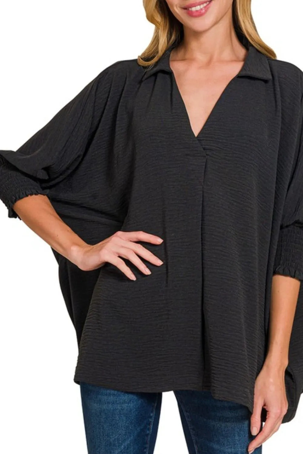 Zenana Top Collared Black Airflow with Smocked Sleeve Band Blouse 831f0d29-857e-433c-8471-5ec9a9c218d2-Max-Origin Trendsi
