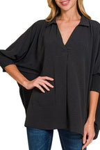 Zenana Top Collared Black Airflow with Smocked Sleeve Band Blouse 831f0d29-857e-433c-8471-5ec9a9c218d2-Max-Origin Trendsi