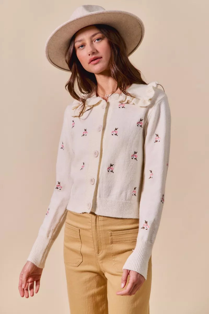SO ME Women's Cardigan Cream Floral Embroidered Collared Long Sleeve Sweater 8323ac056abe4a029385bb86894e6930-Max-Origin Trendsi