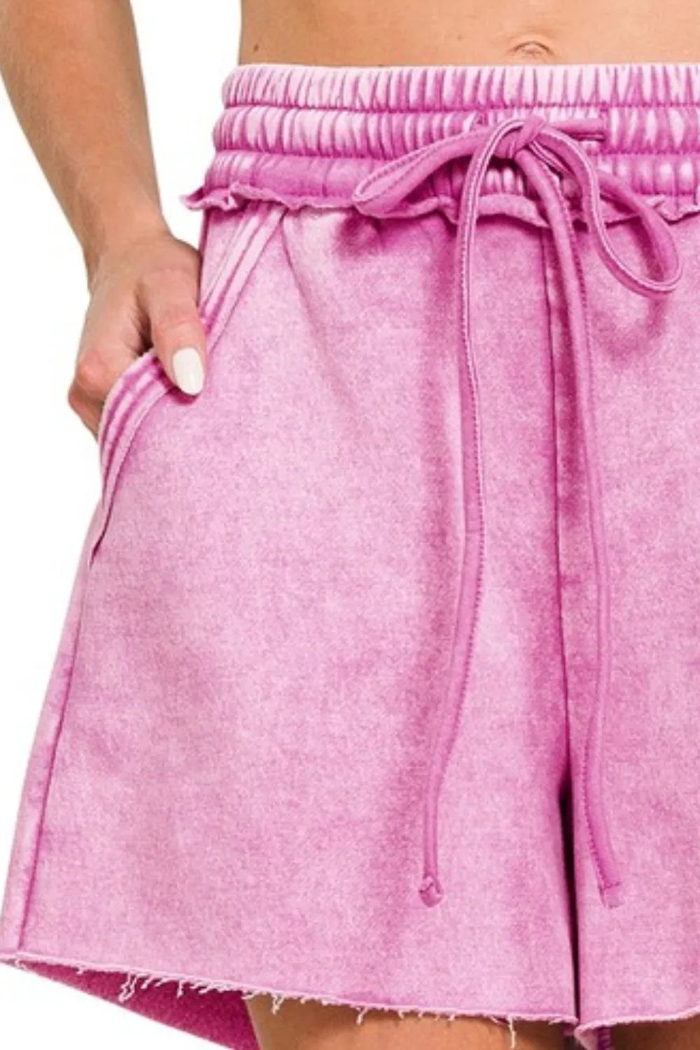 Zenana Fleece Shorts Mauve Acid Wash Drawstring With Pockets Raw Hem 83372e7d-2574-42ce-8307-7bf214ddfa42-Max-Origin Trendsi