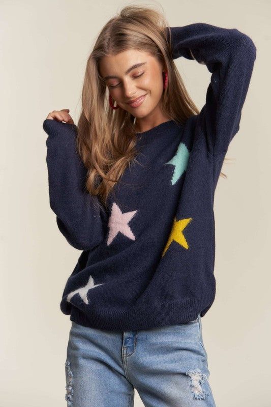 ADORA Women's Sweater Dark Navy Stars Pattern Drop Shoulder Long Sleeve Pullover