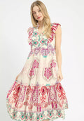 Umgee Midi Dress Pink Boho Boarder Print Ruffle Short Sleeve PINK 8340c0e2-b376-4713-8393-24293778463c-Max-Origin Trendsi