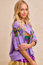 BiBi Womens Blouse Lavender Sequin Patched Ribbon Mardi Gras Theme Top 8341a08cc0ad440a8121174968cb4aa5-Max-Origin Trendsi