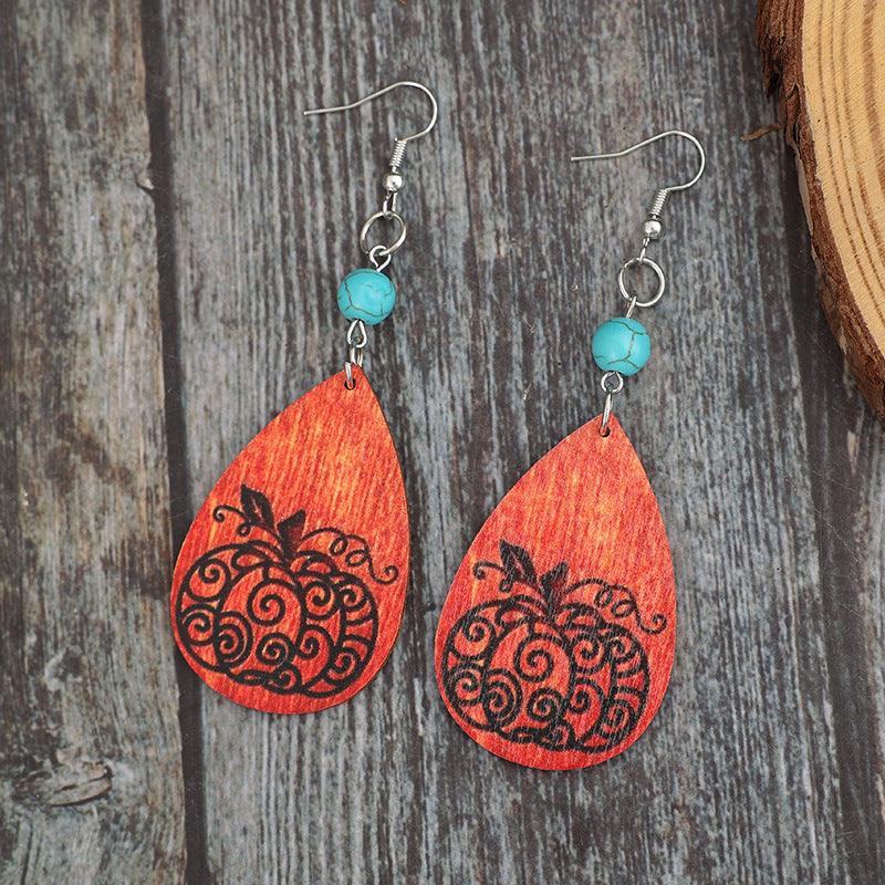 Turquoise Wooden Pumpkin Teardrop Earrings Halloween Jewelry 8342b800-13a3-4b78-a3b5-05c773a885f0-Max Trendsi