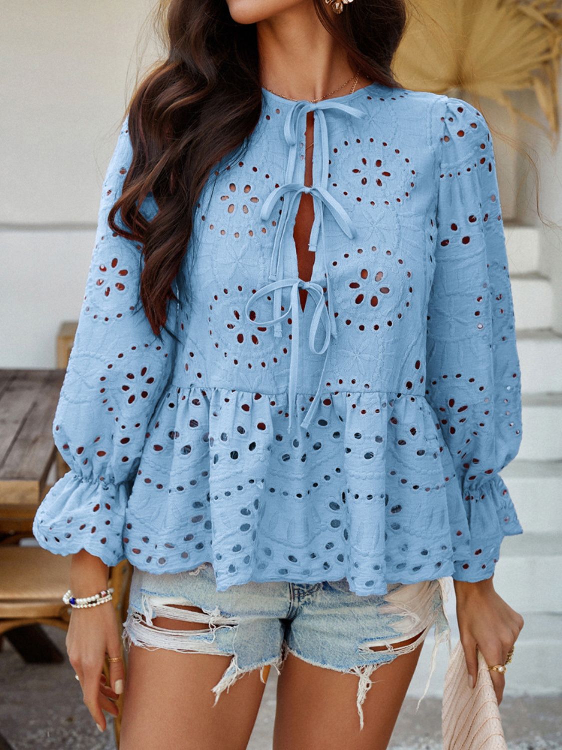 Crochet Blouse Ruffle Tie Front Flounce Long Sleeve Peplum Cut Out Embroidered Light Blue 83431d92-aa07-4e16-8469-3d1ca348dbd0-Max Trendsi