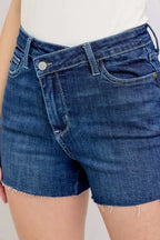 Judy Blue Denim Shorts High Waist Criss-Cross Waistband Dark Blue 83494f591b3c47de9c088787065c9a37-Max-Origin Trendsi