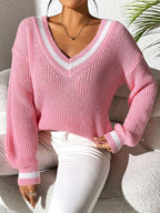 Sweater Knit V-Neck Contrast Stripe Trim Long Sleeve Knitwear 834a336a-7a25-4b6a-9715-14cabd662d9d-Max Trendsi