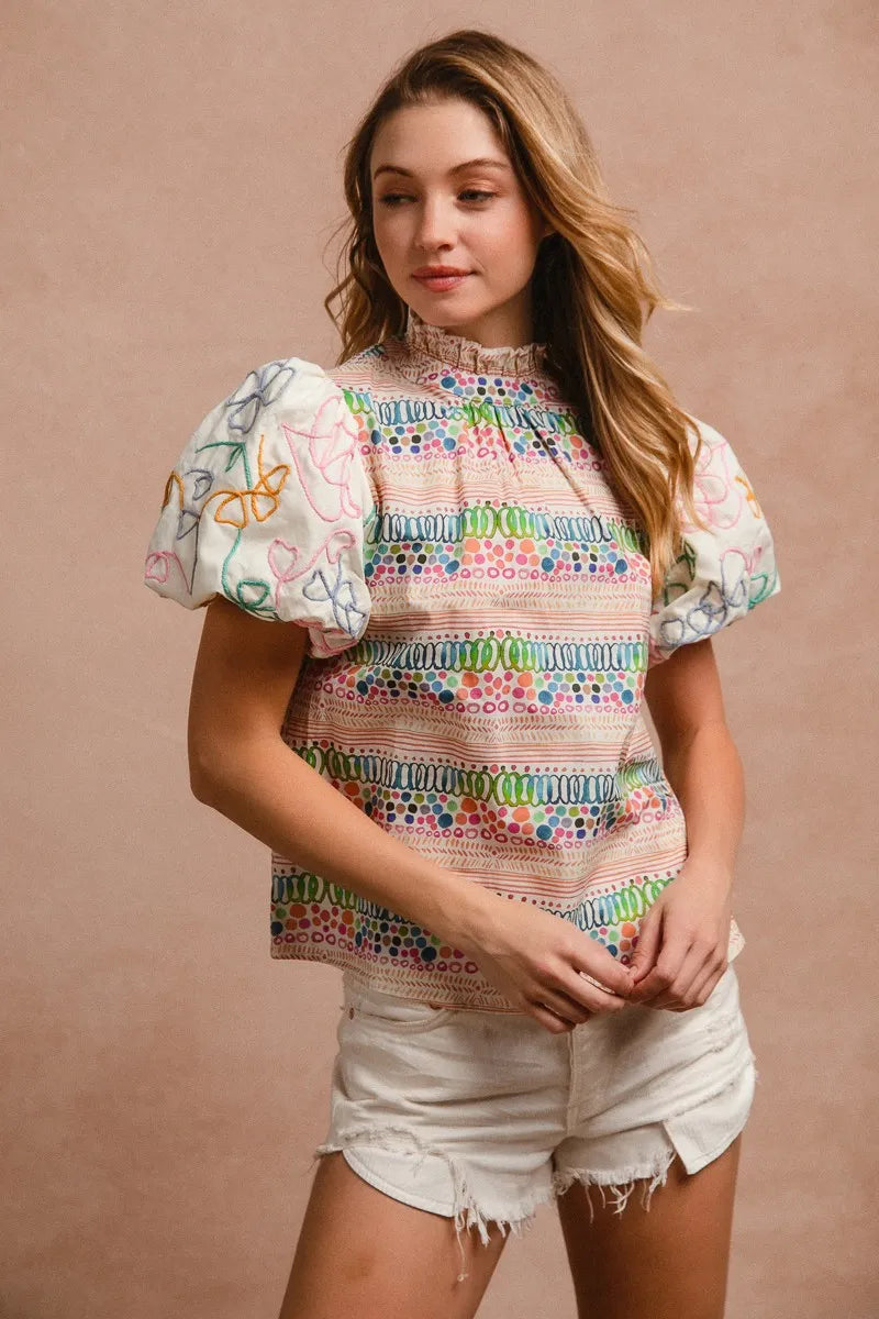BiBi Blouse Multicolor Ruffle Neckline With Embroidery Bubble Short Sleeve Top 8358238f301b4a09a6fbc23867d43daf-Max-Origin Trendsi