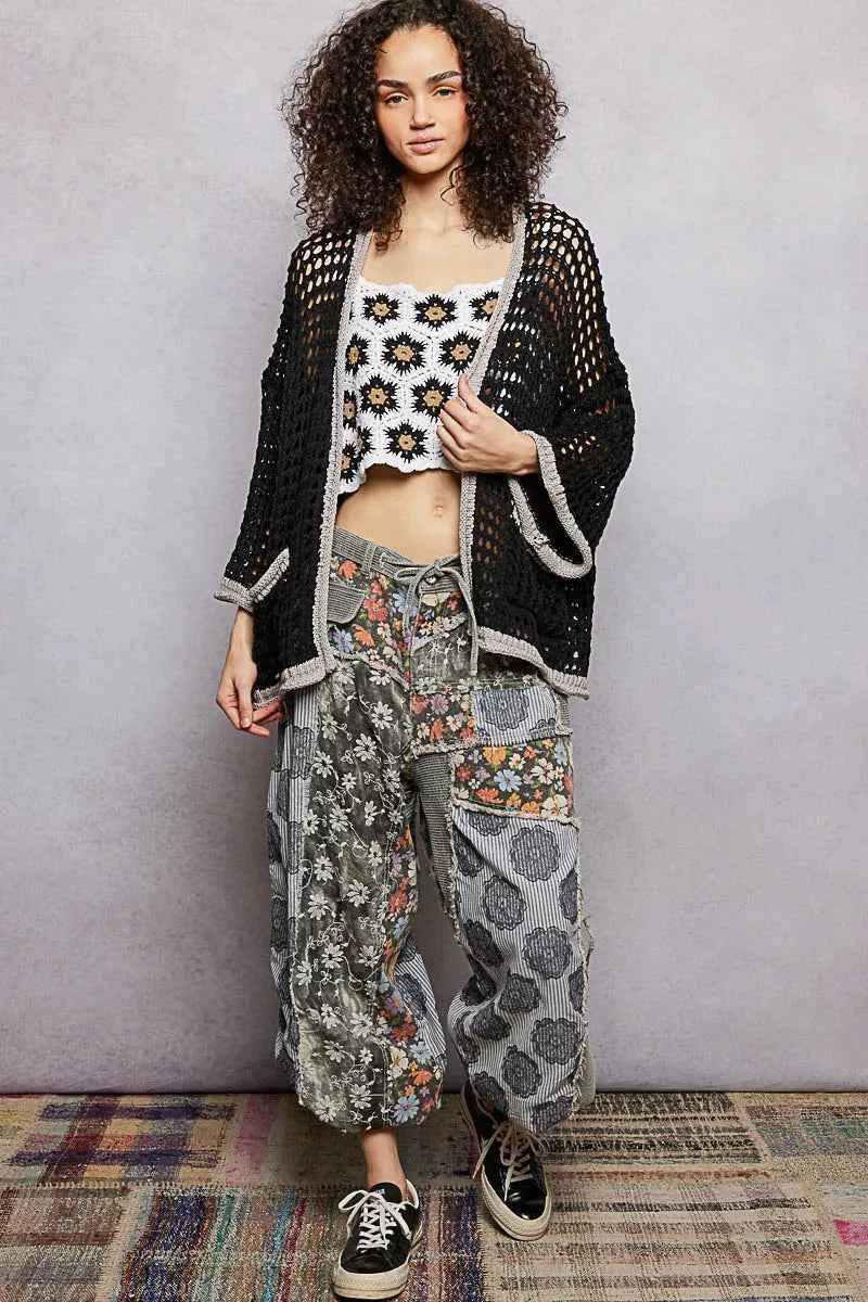 POL Open Front Openwork Cardigan with Contrast Trim