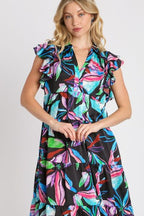 Umgee Ruffle Dress Leaf Black Colorful Print Double Layered Short Sleeve 83664d13-8f92-4b47-ad00-70be75ddad38-Min Trendsi