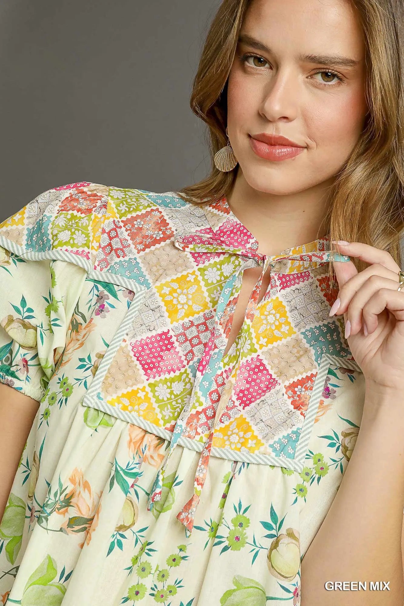 Umgee Short Dress Green Floral Print Ruffled Tie Neck Puff Sleeve Tiered 8367f502-c944-4217-ab94-c5fcc0422acf-Max-Origin Trendsi