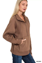 Zenana Half Zip Fleece Sweatshirt with Kangaroo Pocket 83705e67c6fe4b9998f7d8b0c8f3c6be-Max-Origin Trendsi