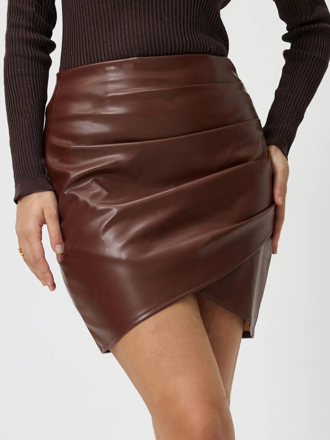 Leather Mini Skirt Ruched Asymmetrical Hem Back Zipper 8376a0bc-59d1-4db5-90f7-273b9205ae1d-Max Trendsi