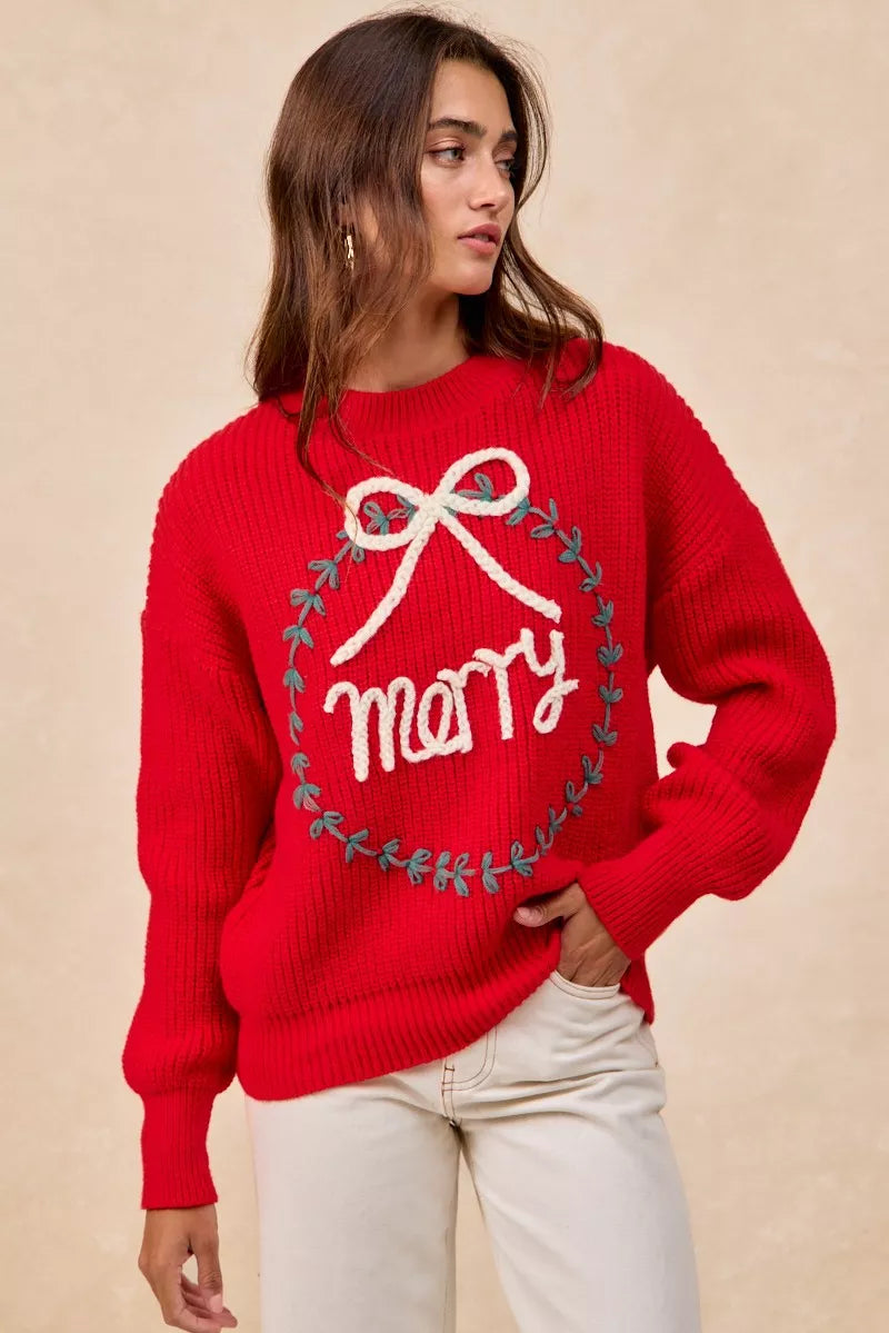 BiBi Christmas Womens Pullover Red Wreath Merry Letter Knit Top 83779ed2f1b44814bc6a82e59d79ad41-Max-Origin Trendsi